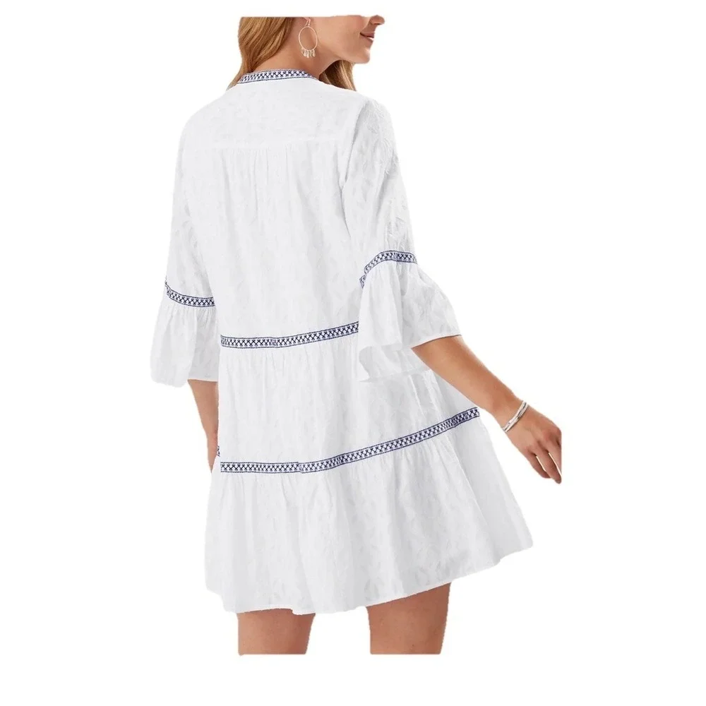 Tommy Bahama Cotton Clip Embroidered Tiered Cover Up Dress White & Blue Size XL - Picture 3 of 11